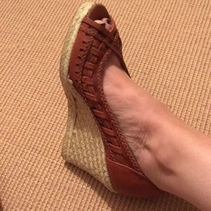 Brown Nine West Open-Toe Leather Upper Wedges